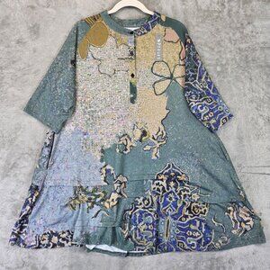 3Potato Dress Womens Medium Green Blue Abstract Floral Print Tunic Pockets Boho